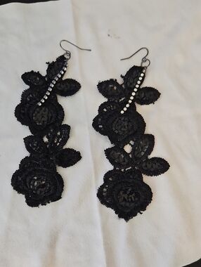 Black Lace Floral Drop Earrings with Crystal Accent -  Womens Jewelry